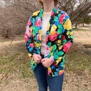 Vintage Vicky Vaughn Junior Black Floral Blazer Fits Small Medium